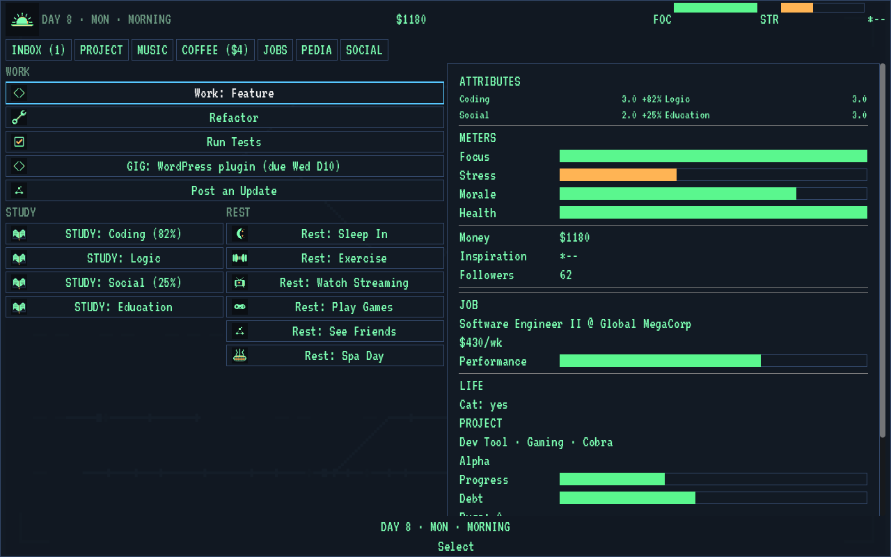Day planner — line up the day's slots across work, study, and rest