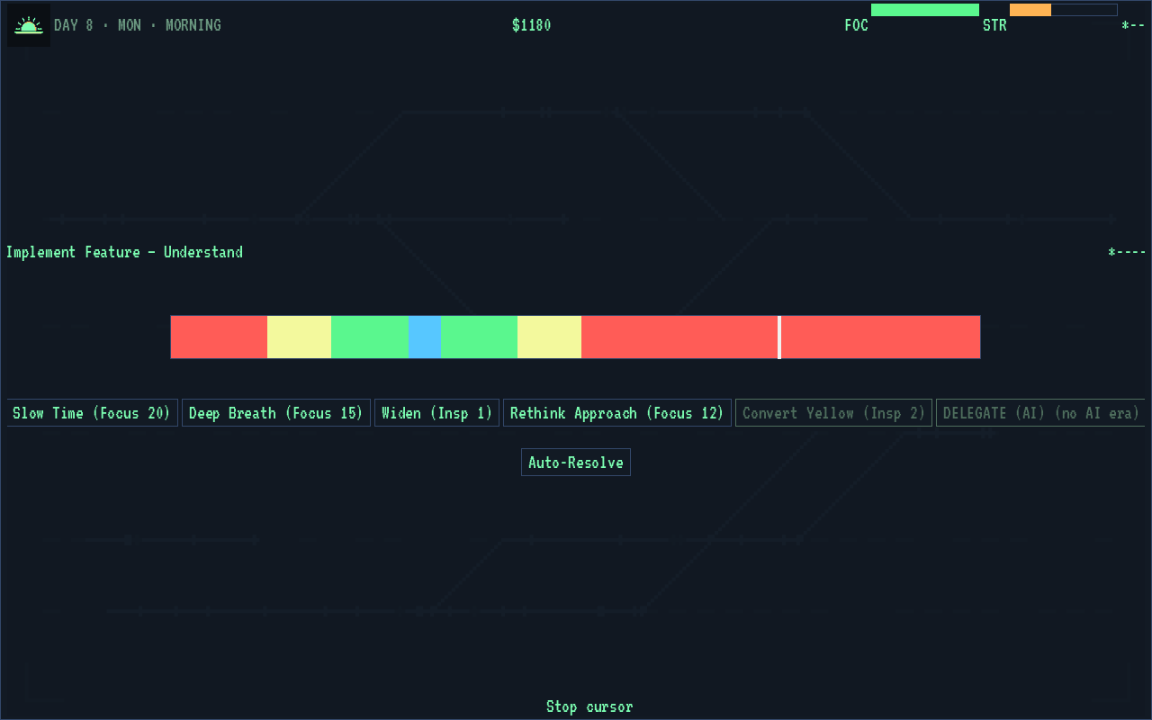 The Commit Pulse — stop the cursor in the green to ace the phase